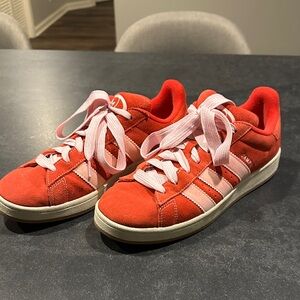 Adidas Red Sneakers with Pink Stripes